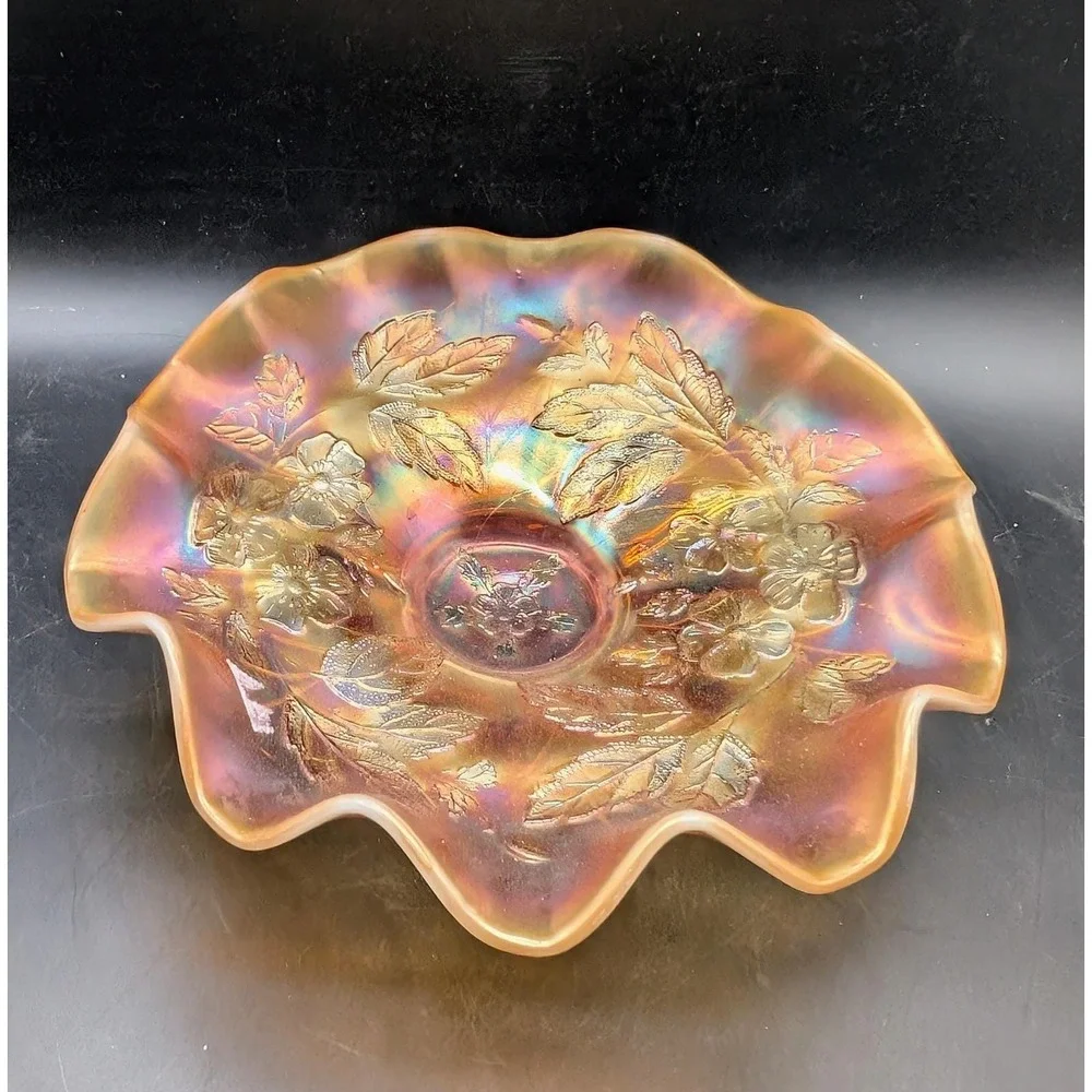 Dugan Dogwood Sprays Marigold‎ Carnival Glass Footed Ruffled Bowl 9